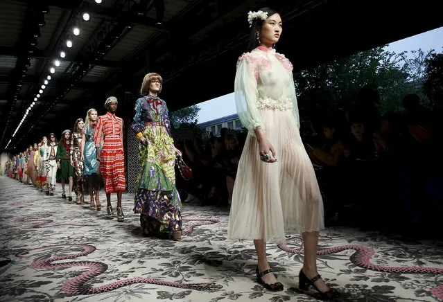 Models parade at the end of Gucci's Spring/Summer 2016 collection during Milan Fashion Week in Italy September 23, 2015. (Photo by Alessandro Garofalo/Reuters)