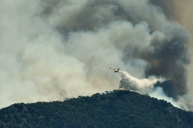 A firefighting plane makes a water drop as a wildfire burns near the village of Kechries, Greece, July 22, 2020. (Photo by Vassilis Triandafyllou/Reuters)
