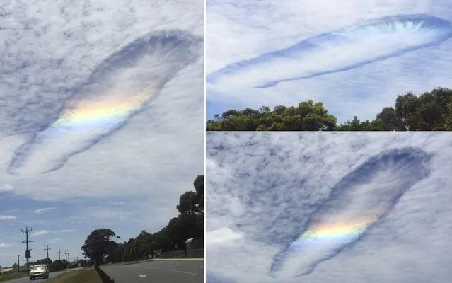 In this Monday, November 3, 2014 photos taken with smartphone camera, a fallstreak hole forms in the sky over Wonthaggi, Australia. A fallstreak hole is a circular gap that appears in high clouds, when a section of the cloud freezes. The ice crystals are heavy, so they fall out of the cloud, leaving a hole. It is a relatively rare phenomenon. (Photo by Leesa Willmott/AP Photo)