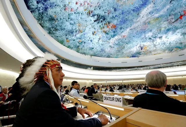 Dave Archambault II, chairman of the Standing Rock Sioux tribe, waits to give his speech against the Energy Transfer Partners' Dakota Access oil pipeline during the Human Rights Council at the United Nations in Geneva, Switzerland September 20, 2016. (Photo by Denis Balibouse/Reuters)