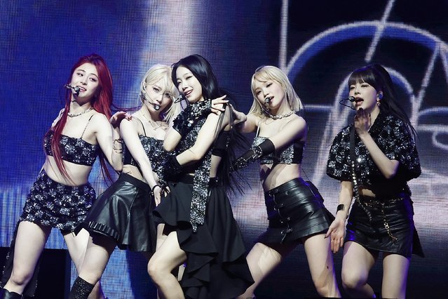 (L-R) Huh Yun-jin, Sakura Miyawaki, Kazuha, Kim Chae-won and Hong Eun-chae  of South Korean girl group LE SSERAFIM perform at the Sahara Tent during the 2024 Coachella Valley Music and Arts Festival at Empire Polo Club on April 13, 2024 in Indio, California. (Photo by Frazer Harrison/Getty Images for Coachella)