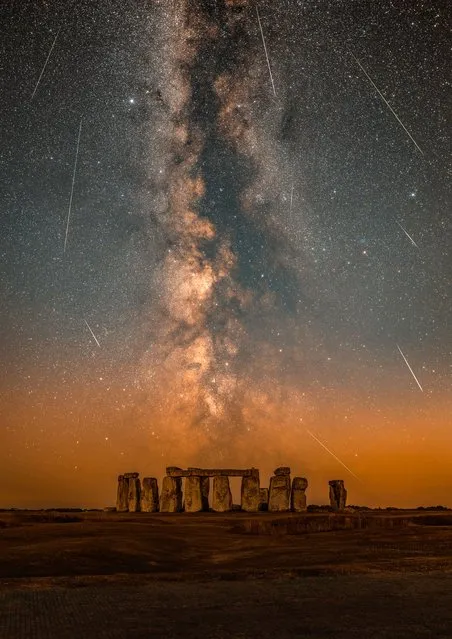 Pictured is the Perseid Meteor Shower over Stonehenge in Wiltshire in the second decade of August 2022. This image is the result of around eight hours of constant 30-second images facing the Milky Way across three nights over Stonehenge. (Photo by Nick Bull/pictureexclusive.com)