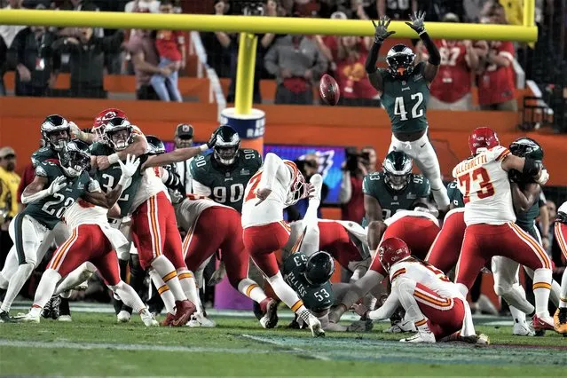 Kansas City Chiefs place kicker Harrison Butker (7) kicks the game-winning field goal during the second half of the NFL Super Bowl 57 football game against the Philadelphia Eagles, Sunday, February 12, 2023, in Glendale, Ariz. The Kansas City Chiefs defeated the Philadelphia Eagles 38-35. (Photo by Marcio J. Sanchez/AP Photo)