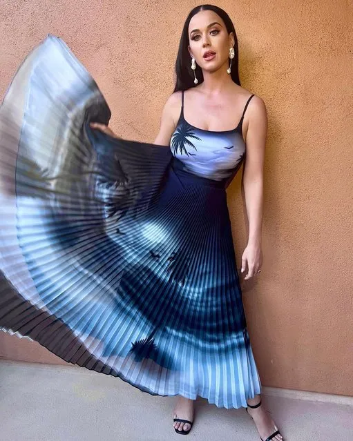 American singer-songwriter Katy Perry in the second decade of February 2023 calls attention to her shoes in an Instagram caption despite wearing a wild dress. (Photo by katyperry/Instagram)