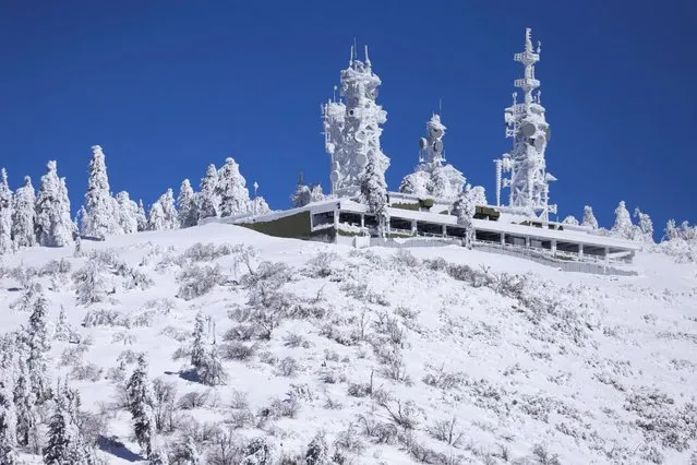 Ice covers communication towers as massive amounts of snow trap residents of mountain towns in San Bernadino County, Crestline, California, U.S. March 2, 2023. (Photo by David Swanson/Reuters)