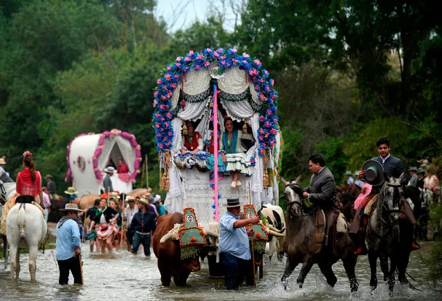 Pilgrims cross the Quema river during a pilgrimage in Villamanrique on their way to the village of El Rocio on May 18, 2018. El Rocio pilgrimage, the largest in Spain, gathers hundreds of thousands of devotees of the Virgin of El Rocio in traditional outfits converging in a burst of colour as they make their way on horseback and onboard decorated carriages across the Andalusian countryside. (Photo by Cristina Quicler/AFP Photo)