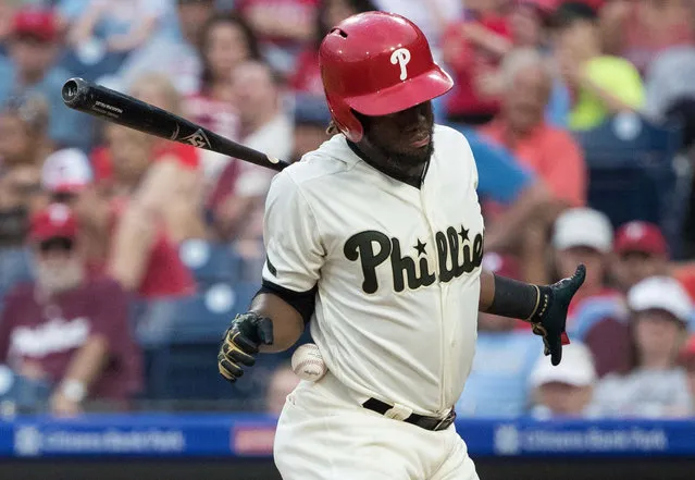 Philadelphia Phillies center fielder Odubel Herrera (37) is hit by the pitch of Toronto Blue Jays relief pitcher Aaron Loup (not pictured) during the eighth inning at Citizens Bank Park in Philadelphia, PA, USA on May 26, 2018. (Photo by Bill Streicher/USA TODAY Sports)