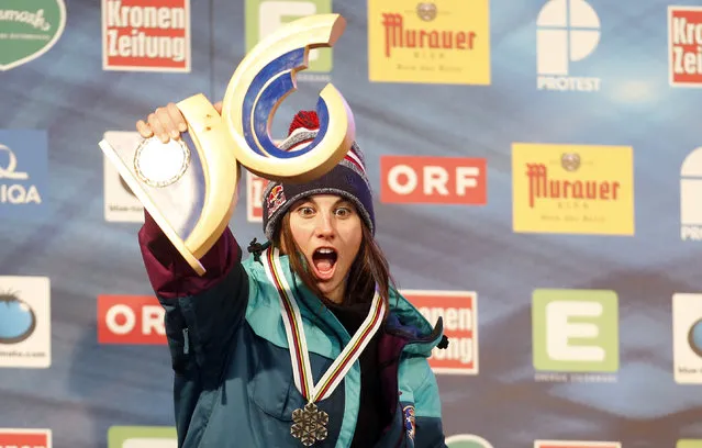 Spain's Queralt Castellet celebrates her second place at the snowboard half pipe final event at the Freestyle Ski and Snowboard World Championships in Kreischberg, Austria, Saturday, January 17, 2015. (Photo by Darko Bandic/AP Photo)