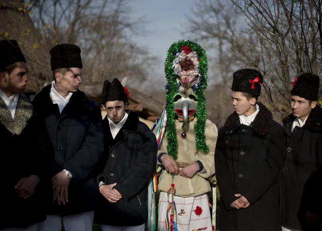 Men wearing traditional Romanian costumes, masks and animal furs prepare to perform in a show of winter traditions at the Village Museum in Bucharest, Romania, Sunday, December 13, 2015. In pre-Christian rural traditions, dancers wearing colored costumes or animal furs toured from house to house in villages, singing and dancing to ward off evil. (Photo by Vadim Ghirda/AP Photo)