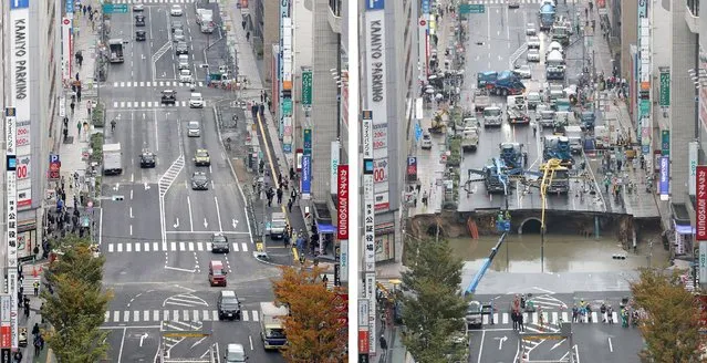 This combo shows a photo of a giant sinkhole (R), measuring around 30 metres (98 feet) wide and 15 metres deep, which appeared in a five-lane street in the middle of the Japanese city of Fukuoka on November 8, 2016 and another photo (L) of the same section of road after repairs were made on November 15. The Japanese city on November 15 reopened the busy street that collapsed into a giant sinkhole, with efforts of crews who worked round the clock for a week drawing raves on social media. (Photo by AFP Photo/JIJI Press)