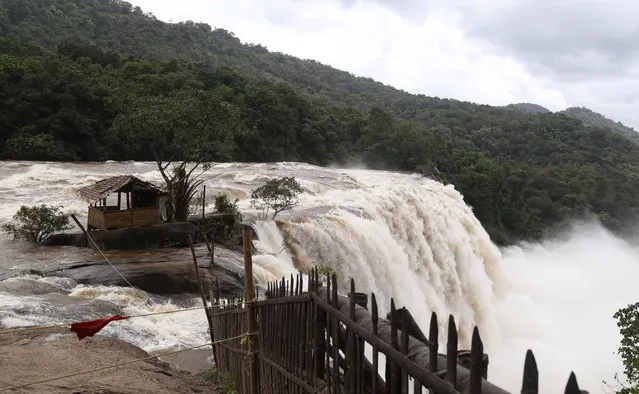 Athirampally Falls seen at Athirampally Panchayat, Chalakudy Taluk, Thrissur District of Kerala, India, 13 August 2018. According to reports, the region is on a high alert with schools and offices been closed due to the rising water levels of Periyar river after the gates of the Idukki reservoir were opened. (Photo by Prakash Elamakkara/EPA/EFE)