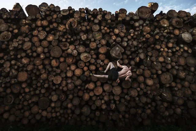 In this image released by World Press Photo, Thursday April 15, 2021, by Adam Pretty, Getty Images, titled Log Pile Bouldering, which won first prize in the Sports Singles category, shows Georg climbs a log pile while training for bouldering, in Kochel am See, Bavaria, Germany, on Sept. 15, 2020. (Photo by Adam Pretty, Getty Images, World Press Photo via AP Photo)
