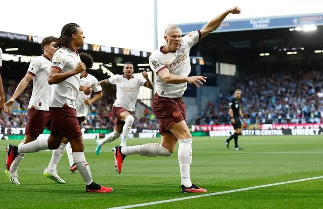 Erling Haaland of Manchester City celebrates after scoring the team's first goal during the Premier League match between Burnley FC and Manchester City at Turf Moor on August 11, 2023 in Burnley, England. (Photo by Jason Cairnduff/Action Images via Reuters)