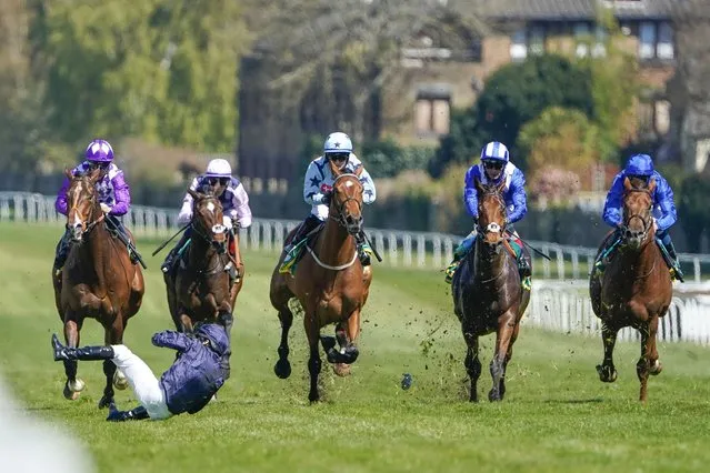 Ryan Moore falls from Rifleman after it veers when making its challenge inside the final furlong during The bet365 Esher Cup Handicap at Sandown Park Racecourse on April 23, 2021 in Esher, England. Sporting venues around the UK remain under restrictions due to the Coronavirus Pandemic. Only owners are allowed to attend the meeting but the public must wait until further restrictions are lifted. (Photo by Alan Crowhurst/Getty Images)