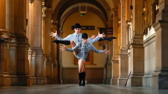 Scottish Ballet dancers Claire Souet and Ishan Mahabir-Stokes pose in Kelvingrove Art Gallery ahead of the UK Premiere of Schachmatt (Checkmate!) by Cayetano Soto on September 12, 2023 in Glasgow, Scotland. Performed on a giant chessboard, the work is part of Scottish Ballet's contemporary double bill Twice-Born, which embarks on a Scotland-wide tour. (Photo by Jeff J. Mitchell/Getty Images)