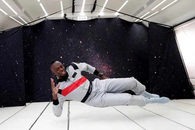 Retired sprinter Usain Bolt poses as he enjoys zero gravity conditions during a flight in a specially modified plane above Reims, France, September 12, 2018. (Photo by Benoit Tessier/Reuters)