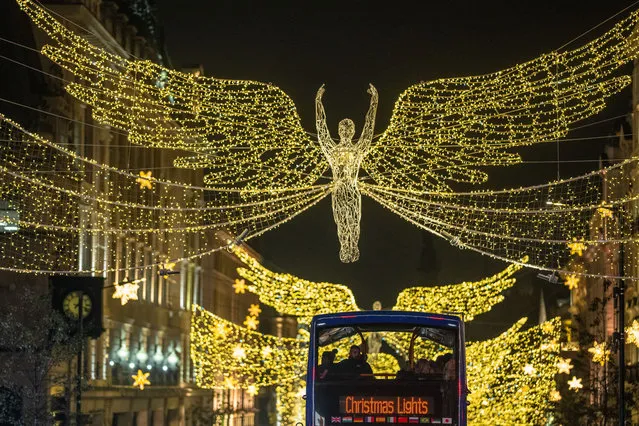 Christmas lights are displayed along Regent Street on November 16, 2023 in London, England. Oxford Street took the lead in the seasonal light display with Lionesses star and Chelsea captain Millie Bright on November 2.  (Photo by Carl Court/Getty Images)