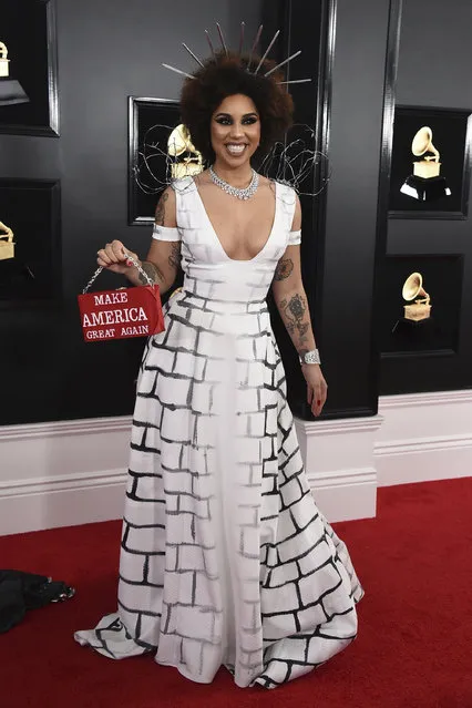 Joy Villa holds a purse that reads “Make America Great Again” at the 61st annual Grammy Awards at the Staples Center on Sunday, February 10, 2019, in Los Angeles. (Photo by Jordan Strauss/Invision/AP Photo)
