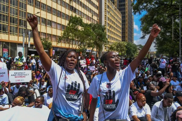 People gather to stage a protest against increasing violence against women in the country as they march to the parliamentary building and supreme court in Nairobi, Kenya on January 27, 2024. (Photo by Gerald Anderson/Anadolu Agency)