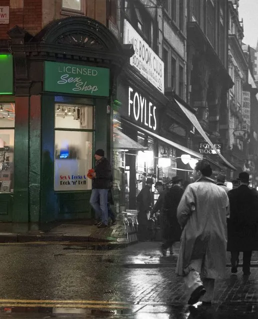 An evening street scene outside Foyles book shop on Charing Cross Road in c.1935 and 2014. (Photo by Museum of London/Streetmuseum app)