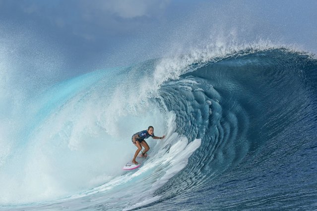 French surfer Vahine Fierro competes in the women's quarterfinal round of the Shiseido Tahiti Pro surfing competition against Australian surfer Molly Picklum (not pictured), in Teahupo'o, on the French Polynesian Island of Tahiti, on May 29, 2024. Teahupo'o will host the surfing event of the Paris 2024 Olympic Games. (Photo by Jerome Brouillet/AFP Photo)