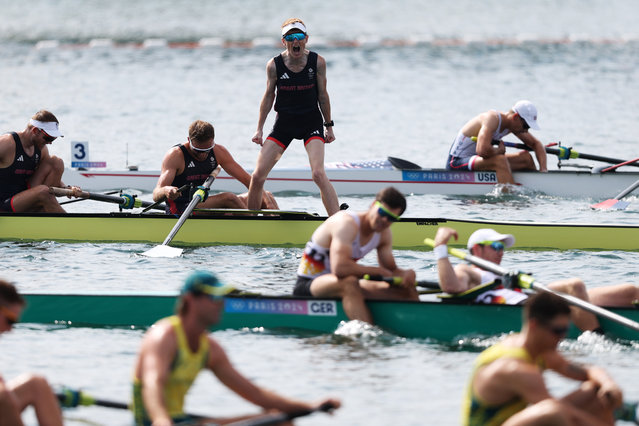 Cox Harry Brightmore celebrates as Tom Ford, James Rudkin, Tom Digby, Charles Elwes, Jacob Dawson, Morgan Bolding, Rory Gibbs and Sholto Carnegie of Team Great Britain win gold in the Men's Eight Finals on day eight of the Olympic Games Paris 2024 at Vaires-Sur-Marne Nautical Stadium on August 03, 2024 in Paris, France. (Photo by Francois Nel/Getty Images)