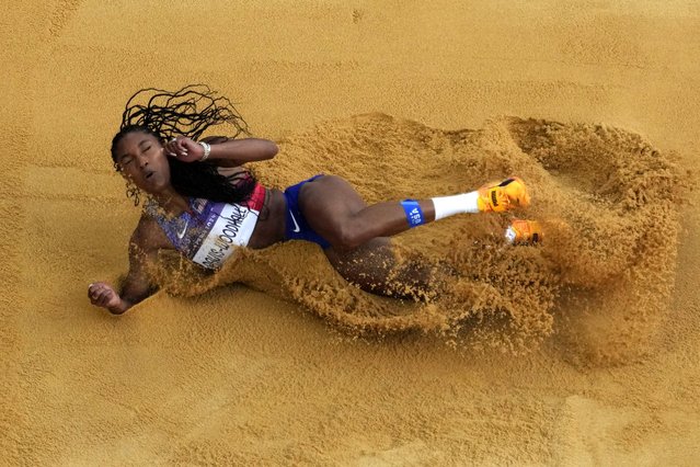 Tara Davis-Woodhall, of the United States, competes in the women's long jump final at the 2024 Summer Olympics, Thursday, August 8, 2024, in Saint-Denis, France. (Photo by David J. Phillip/AP Photo)