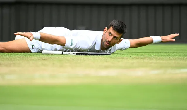 Serbia's Novak Djokovic reacts during his quarter final match against Italy's Jannik Sinner at Wimbledon, in London, Britain on July 5, 2022. (Photo by Toby Melville/Reuters)