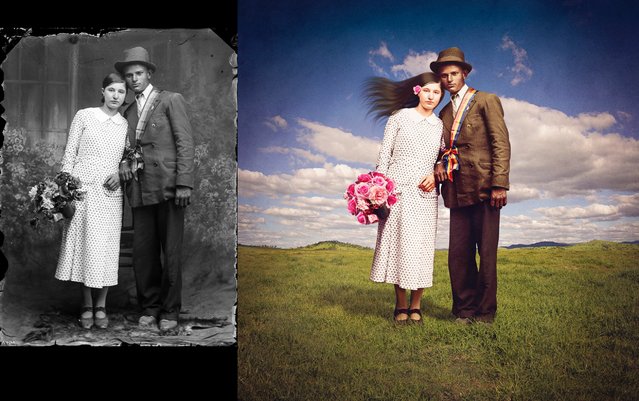 The original image of this young couple is placed in a field in Long's version titled, “Fresh”. (Photo by Costica Acsinte Archive/Jane Long)