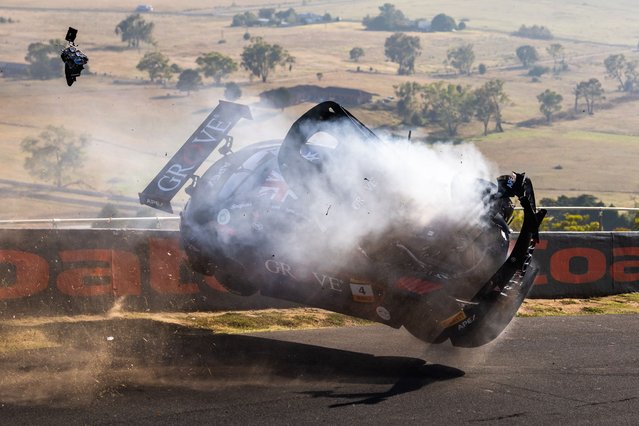 Stephen Grove driver of the #4 Grove Racing Mercedes-AMG GT3 crashes during the Bathurst 12 Hour at Mount Panorama on February 02, 2025 in Bathurst, Australia. (Photo by Daniel Kalisz/Getty Images)