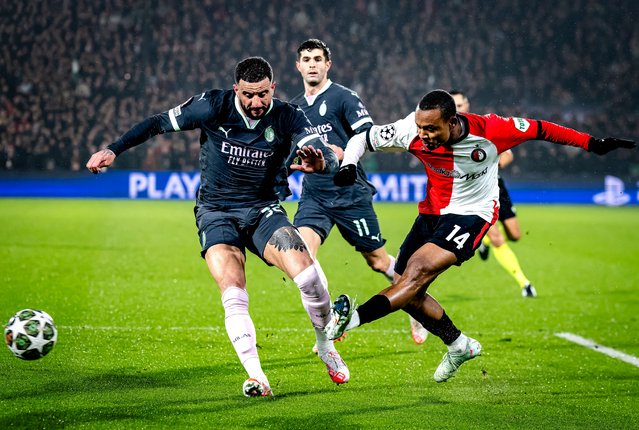Kyle Walker of AC Milan challenges Igor Paixao of Feyenoord during the UEFA Champions League 2024/25 League Knockout Play-off first leg match between Feyenoord and AC Milan at Stadion Feijenoord on February 12, 2025 in Rotterdam, Netherlands. (Photo by Marcel van Dorst/DeFodi Images/Rex Features/Shutterstock)