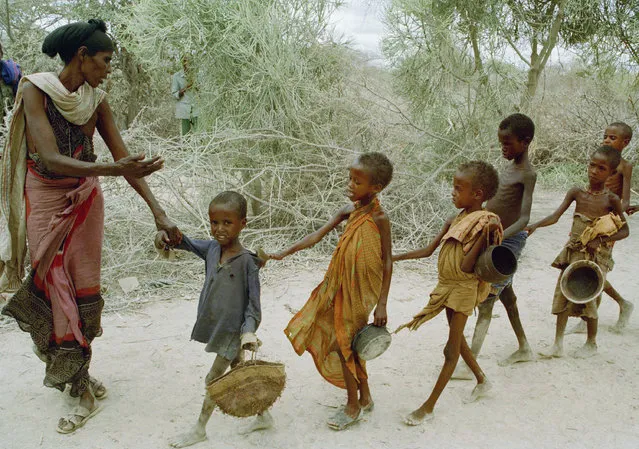 A woman leads children to a food kitchen after they had been waiting since early morning to be fed in Berdale, southwest Somalia, August 25, 1992. On this day, only half of the starving children had been fed when the food ran out. The International Committee of the Red Cross urged increased coordination of relief efforts to the starving country. (Photo by Greg Marinovich/AP Photo)