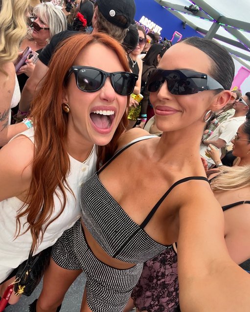 American TV personality Scheana Shay and American actress and singer Emma Roberts have some fun at Coachella on April 13, 2025. (Photo by scheana/Instagram)