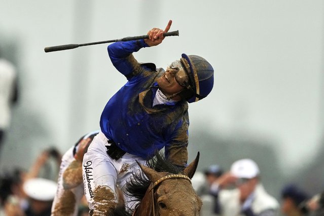 Jockey Junior Alvarado celebrates after riding Sovereignty to victory in the 151st running of the Kentucky Derby horse race at Churchill Downs Saturday, May 3, 2025, in Louisville, Ky. (Photo by Brynn Anderson/AP Photo)