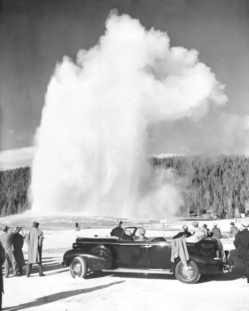 Old Faithful Performing For The President. Yellowstone National Park President Franklin D. Roosevelt is seated in his car as he watches Old Faithful Yellowstone park geyser blow off steam during his sightseeing trip through the huge park. Today the President in Boise, Enroute to Seattle wash. September 30, 1937. (Photo by New York Post/Photo Archives, LLC via Getty Images)