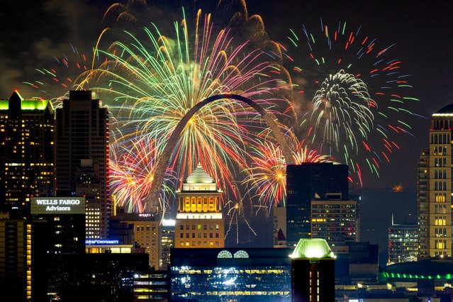 Fireworks light up the St. Louis skyline and the Gateway Arch on Thursday, July 3, 2025, in St. Louis. (Photo by David Carson/St. Louis Post-Dispatch via AP Photo)