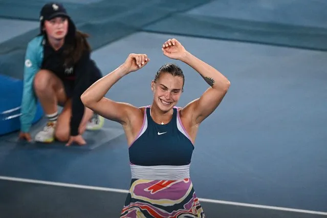Belarus' Aryna Sabalenka celebrates her victory against Kazakhstan's Elena Rybakina during the women's singles final on day thirteen of the Australian Open tennis tournament in Melbourne on January 28, 2023. (Photo by Anthony Wallace/AFP Photo)