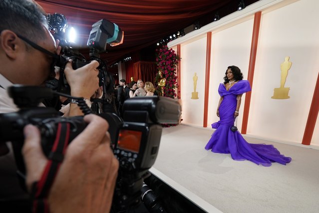 American actress Angela Bassett arrives at the Oscars on Sunday, March 12, 2023, at the Dolby Theatre in Los Angeles. (Photo by Ashley Landis/AP Photo)