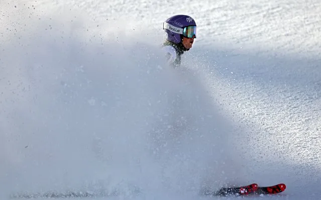 France's Tessa Worley arrives in the finish aera and placed third of the women's giant slalom event during the FIS Alpine Ski World Cup in Courchevel, French Alps, on December 14, 2020. (Photo by Thomas Coex/AFP Photo)