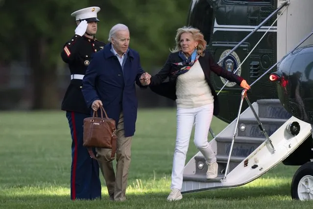 President Joe Biden and first lady Jill Biden arrive at Fort Lesley J. McNair from Camp David, Sunday, April 23, 2023, in Washington. (Photo by Manuel Balce Ceneta/AP Photo)