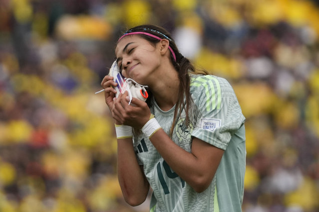 Mexico's Montserrat Saldivar celebrates scoring her side's second goal against Cameroon during a U-20 Women's World Cup soccer match in Bogota, Colombia, Saturday, August 31, 2024. (Photo by Fernando Vergara/AP Photo)