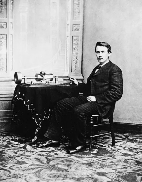 Thomas A. Edison poses with the the tin-foil phonograph, which he exhibited at the National Academy of Science in Washington and later demonstrated for the president at the White House, on April 18, 1878. The phonograph, Edison's favorite invention, was invented on Aug. 12, 1877. (Photo by AP Photo)