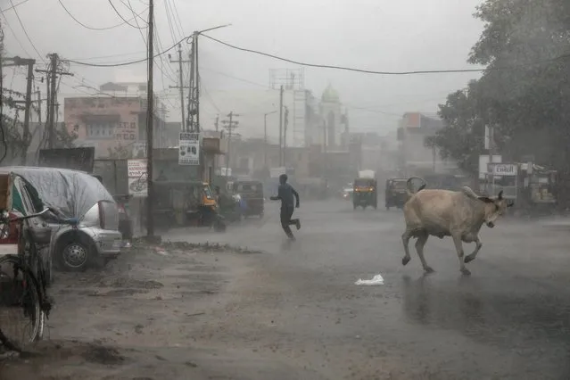 A man runs for shelter during a sudden rain in Mandvi, in the Kutch district of the western state of Gujarat, India, 15 June 2023. Visitors are banned from venturing to the beach as a precautionary measure in the wake of Cyclone Biparjoy, which is expected to hit the coast of the western Indian state of Gujarat, in Gandhidham, Mandvi, Naliya, Jakhau, and other coastal areas. Government officials asked people residing near the coast to leave their homes and move to shelters in nearby areas, while the India Meteorological Department (IMD) advised fishermen not to venture out to sea along the coast of Gujarat. (Photo by Divyakant Solanki/EPA/EFE)
