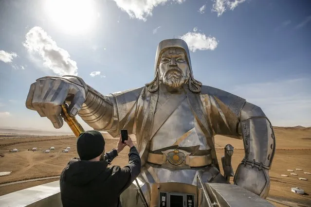 A view from the statue of Genghis Khan in Ulaanbaatar, Mongolia on April 04, 2022. Mongolia is among the countries that tourists from all over the world wonder about with its steppes. One of the first stopovers for those who come to this geography is the capital city of Ulan Bator. The 40-meter-high Genghis Khan Statue, located in the Tsonjin-Boldog region, an hour away from the capital, attracts the attention of visitors. Visitors to the monument made of stainless steel can take the elevator to the upper part of the statue. (Photo by Sergen Sezgin/Anadolu Agency via Getty Images)