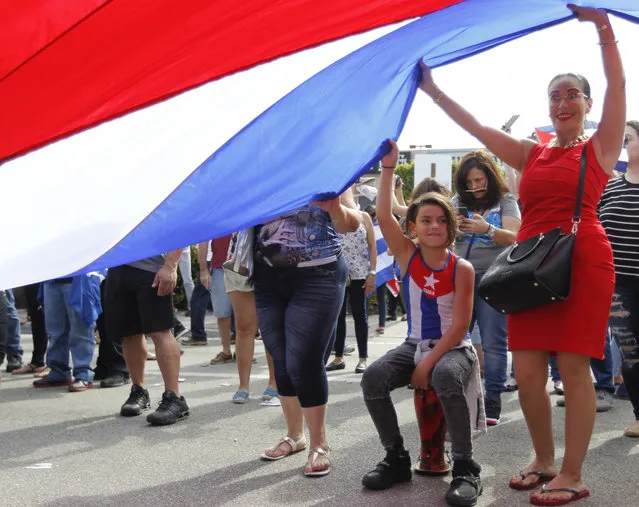 Members of the crowd which overtook the street in front of the iconic Cuban restaurant “Versailles” wave a Cuban flag Saturday November 26, 2016 in the Miami neighborhood of Little Havana react the day after Cuban President Raul Castro announced  his brother and former Cuban President, Fidel Castro's death in Cuba the night before. (Photo by Andrew Innerarity)