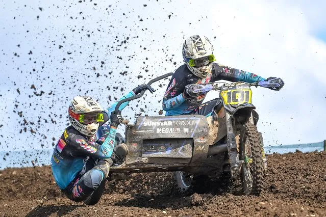 Daniels and Bruno Lielbardis in the second qualifying race during the World Sidecar Motocross Championship at Cusses Gorse, Salisbury, UK on July 30, 2023. (Photo by Phil Hutchinson/UK Sports Pics Ltd)