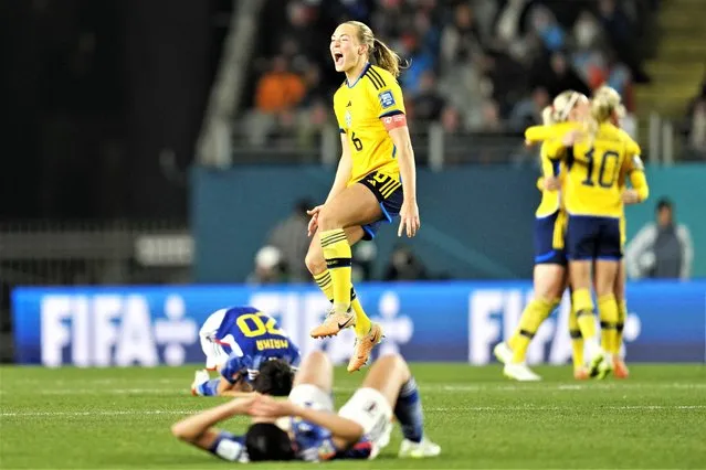 Sweden's Magdalena Eriksson celebrates at the end of the Women's World Cup quarterfinal soccer match between Japan and Sweden at Eden Park in Auckland, New Zealand, Friday, August 11, 2023. Sweden won 2-1. (Photo by Abbie Parr/AP Photo)