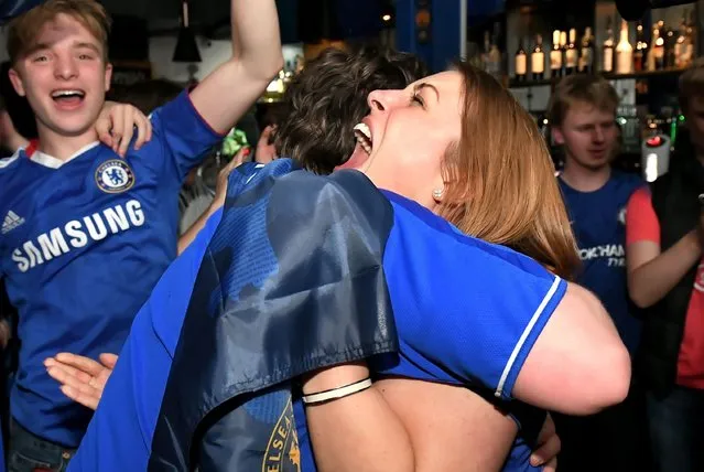 Chelsea fans celebrates after the final whistle at The Chelsea Pensioner pub in London on Saturday, May 29, 2021 watching the UEFA Champions League final against Manchester City live from Porto in Portugal. (Photo by Dominic Lipinski/PA Images via Getty Images)