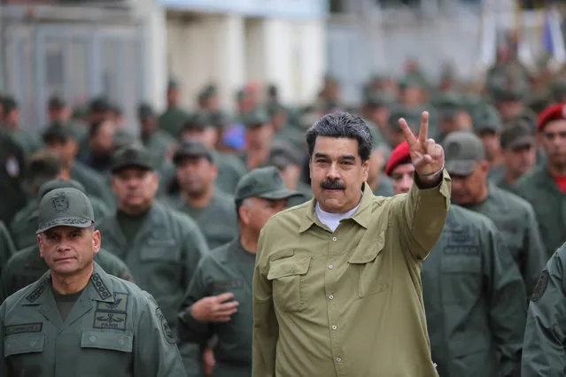 Venezuela's President Nicolas Maduro gestures during a meeting with soldiers at a military base in Caracas, Venezuela on January 30, 2019. (Photo by Miraflores Palace/Handout via Reuters)
