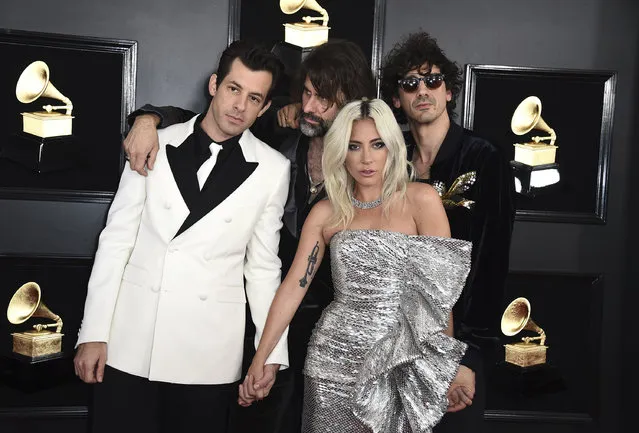 Mark Ronson, from left, Andrew Wyatt, Lady Gaga, and Anthony Rossomando arrive at the 61st annual Grammy Awards at the Staples Center on Sunday, February 10, 2019, in Los Angeles. (Photo by Jordan Strauss/Invision/AP Photo)